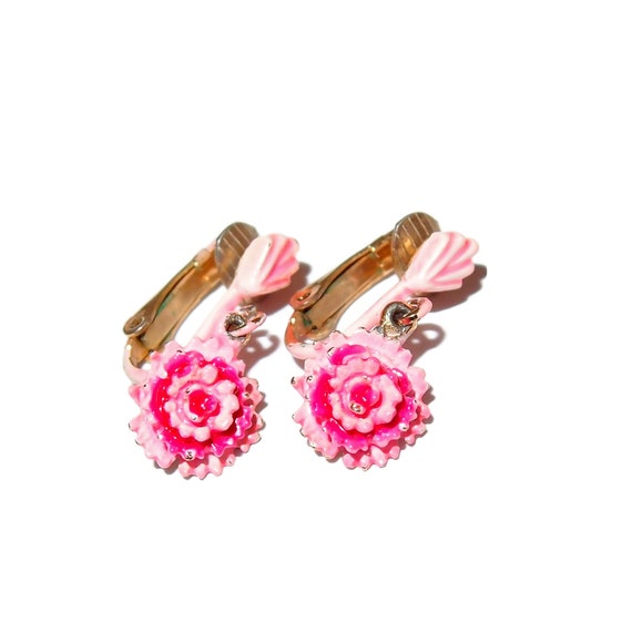 Little Girls Pink Enamel Flower Clip-on Earrings - image 2