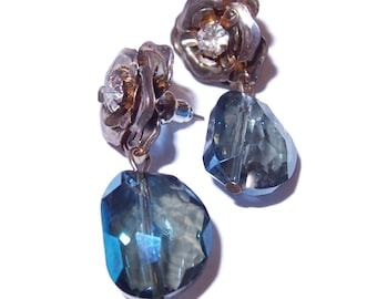 Gorgeous Blue Crystal Chunk Earrings on Floral Rhinestone Post