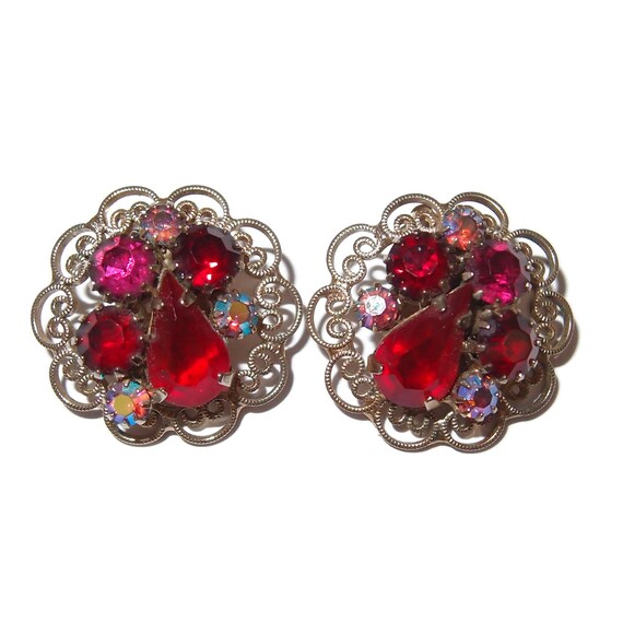 Cluster Red Rhinestone Vintage Earrings - image 2