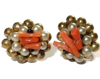 Natural Coral and Bead Screw-back Earrings