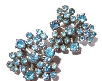 Blue Rhinestone Cluster Vintage Earrings, Clip-on Earrings
