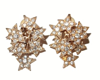 Dangle Rhinestone Stars Vintage Clip-on Earrings