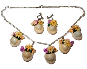 Shell Basket and Flower Vintage Necklace Earring Set - Rare