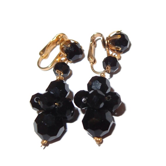 Black Cluster Bead Dangle Vintage Earrings - image 2