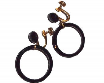 10K Gold and Black Facet Onyx Hoop Screw-back Earrings*