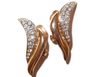 Gold-tone Swirl Rhinestone Vintage Clip-on Earrings