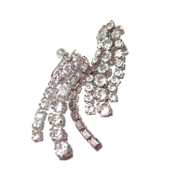 Boucles D'oreille Vintage Argenté Strass Pendantes 3 Rangs - Occasion, Fermoir Clips