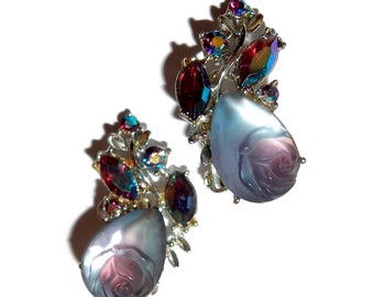 Purple/Blue Fruit Salad Rose Vintage Clip-on Earrings