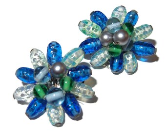 JAPAN Artistic Blue Bead Star Burst Vintage Clip-on Earrings
