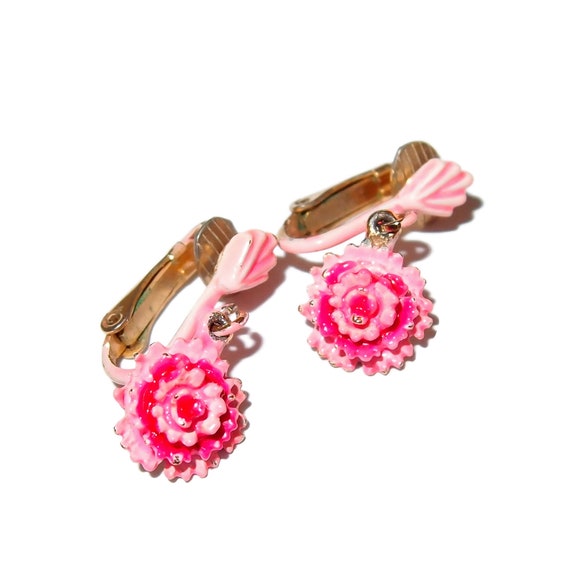 Little Girls Pink Enamel Flower Clip-on Earrings - image 1