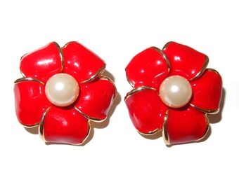 LARGE Red Enamel Flower Clip-on Vintage Earrings