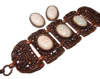 Cabochon Copper Colored Vintage Bracelet Earring Set