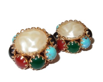 Jade, Carnelian, Turquoise, Onyx Gripoix Cabochons and Faux Pearl Vintage Earrings