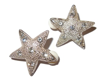 Textured Silver-tone Rhinestone Star Vintage Clip-on Earrings
