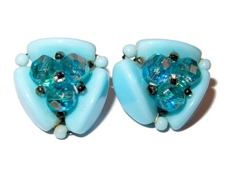 W. GERMANY Pendientes de clip vintage con cuentas azules