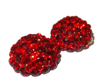 Large Domed Two-tone Red Rhinestone Vintage Clip-on Earrings