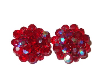 Red AB Crystal Cluster Vintage Clip-on Earrings