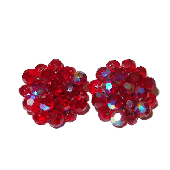 Red AB Crystal Cluster Vintage Clip-on Earrings - image 1