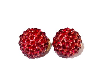 Small Domed Red Rhinestone Vintage Clip-on Earrings