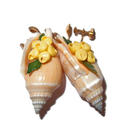 Large Shell and Shark Teeth Dangle Vintage Earrin… - image 2