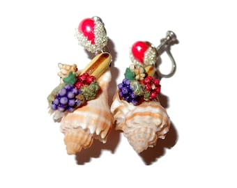 Dangle Shell Carmen Miranda Fruit Vintage Earrings - Rare