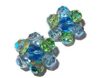 Green and Blue Cluster Crystal Button Vintage Earriings