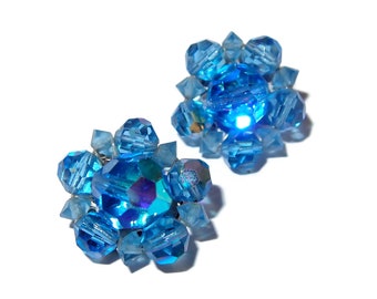 Blue Crystal Bead Cluster Clip-on Earrings