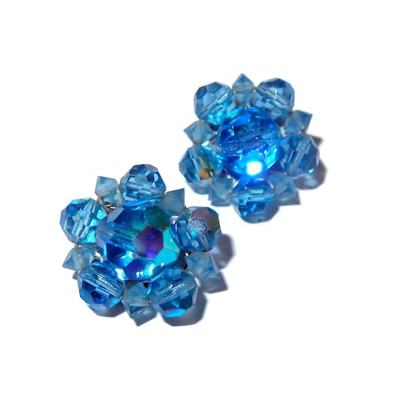 Blue Crystal Bead Cluster Clip-on Earrings - image 1