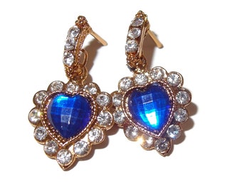 Blue Heart Cabochon with Rhinestone Drop Post Earrings