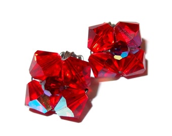 Red Aurora Borealis Crystal Bead Clip-on Earrings