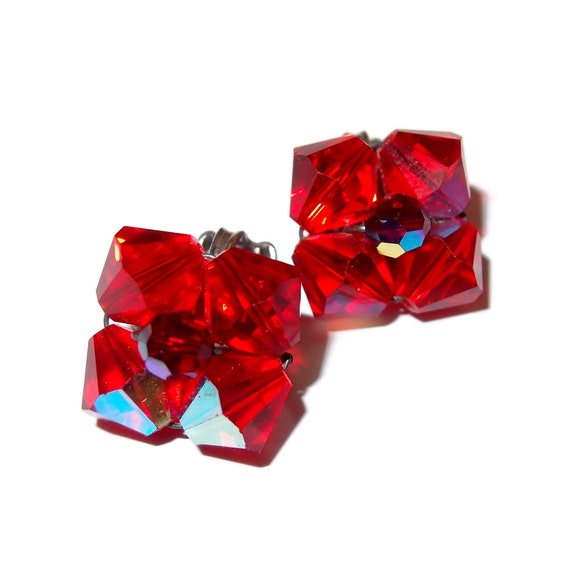 Red Aurora Borealis Crystal Bead Clip-on Earrings - image 1