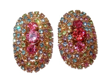 LARGE Pink Pave Aurora Borealis Oblong Clip-on Earrings