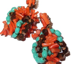 Coral Turquoise Bronze Screw-back Vintage Drop Earrings