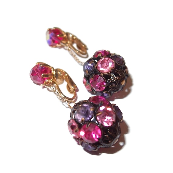 Dangle Purple Pink Rhinestone Vintage Earrings - image 2