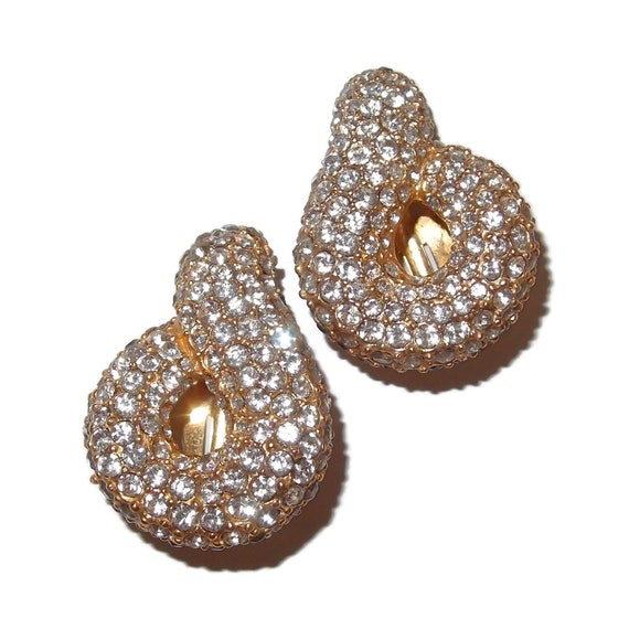 LARGE Pave' Rhinestone 80s Clip-on Earrings - image 1