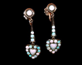 Edwardian 10K Gold Opal Heart Drop Earrings*