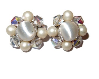 White Beads and Silk JAPAN Clip-on Vintage Earrings