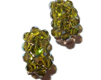 Olive Green Crystal Cluster Vintage Earrings