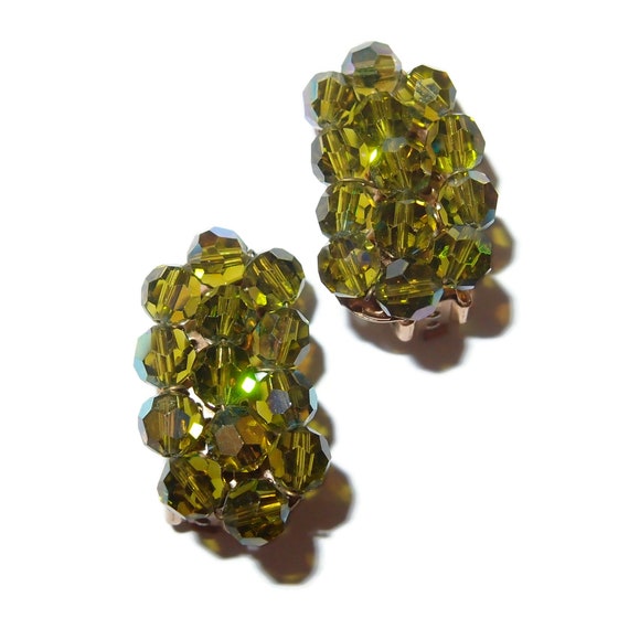 Olive Green Crystal Cluster Vintage Earrings - image 1