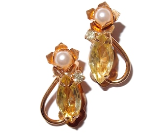 Yellow Rhinestone with Pearl Clip-on Vintage Earrings