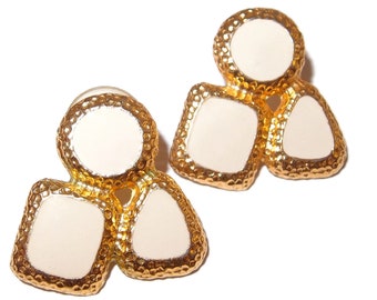 White Enamel Circle, Square, Triangle Shape Post Earrings
