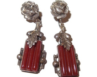Art Deco Rose Carnelian Glass Drop Earrings