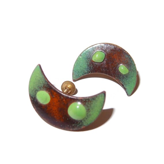 Crescent Moon Enamel Copper Polka Dot Vintage Earrings