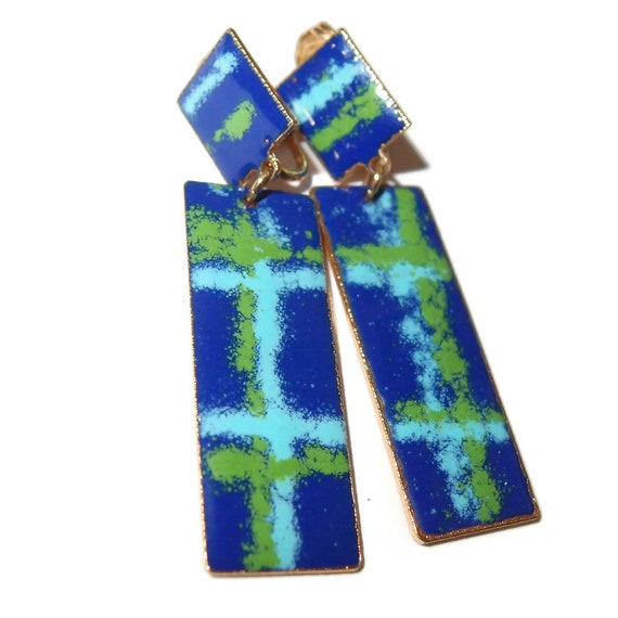 Plaid Enamel Blue and Green Drop Vintage Earrings - image 1