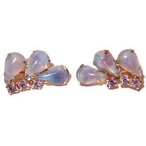 Purple/Pink Art Glass and Rhinestone Vintage Earrings