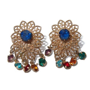 Filigree Multi-color Rhinestone Dangle Vintage Screw-back Earrings