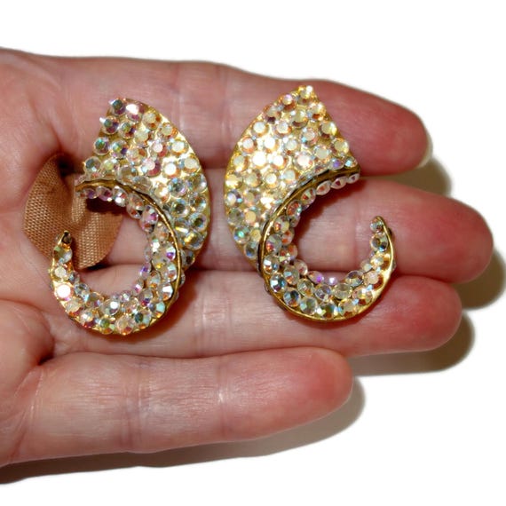 LARGE Curled Post Flatback Rhinestone Earrings