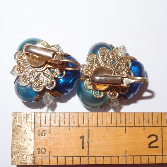 Three Tone Blue Bead and Crystal Vintage Clip-on … - image 3