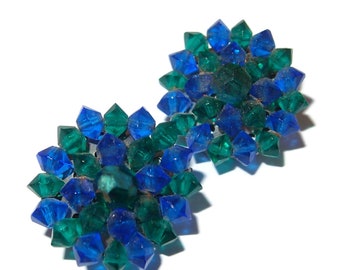 Large Green and Blue Crystal Bead Vintage Clip-on Earrings