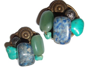 Large JAN MICHAELS SF Lapis Turquoise Jade Stone Earrings